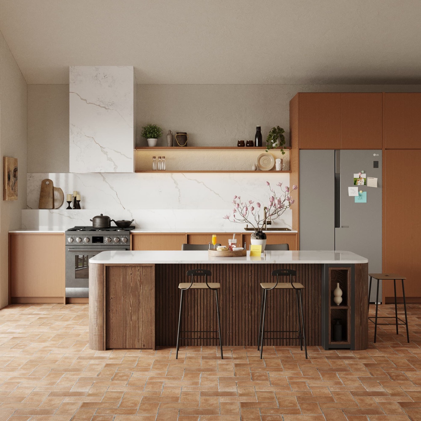 Luxury kitchen with Calacatta marble countertop and backsplash